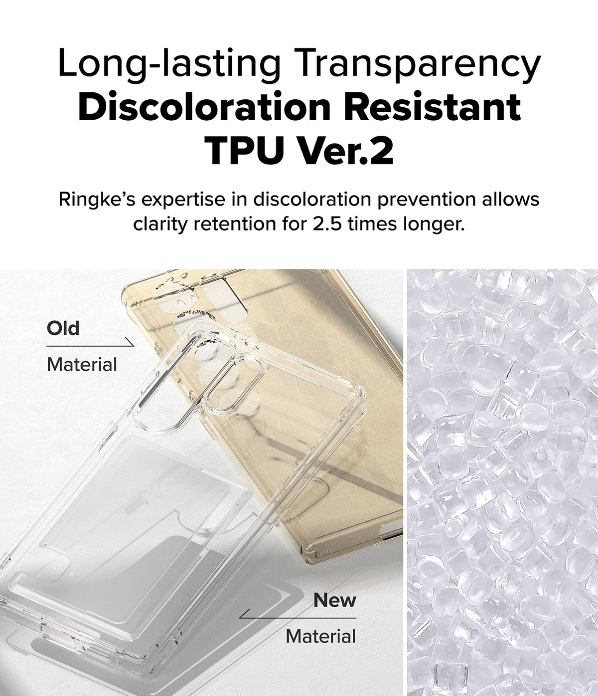 Galaxy S25 Ultra Case | Fusion Card - Comparison of yellowed old TPU vs. clear new TPU material for phone cases.