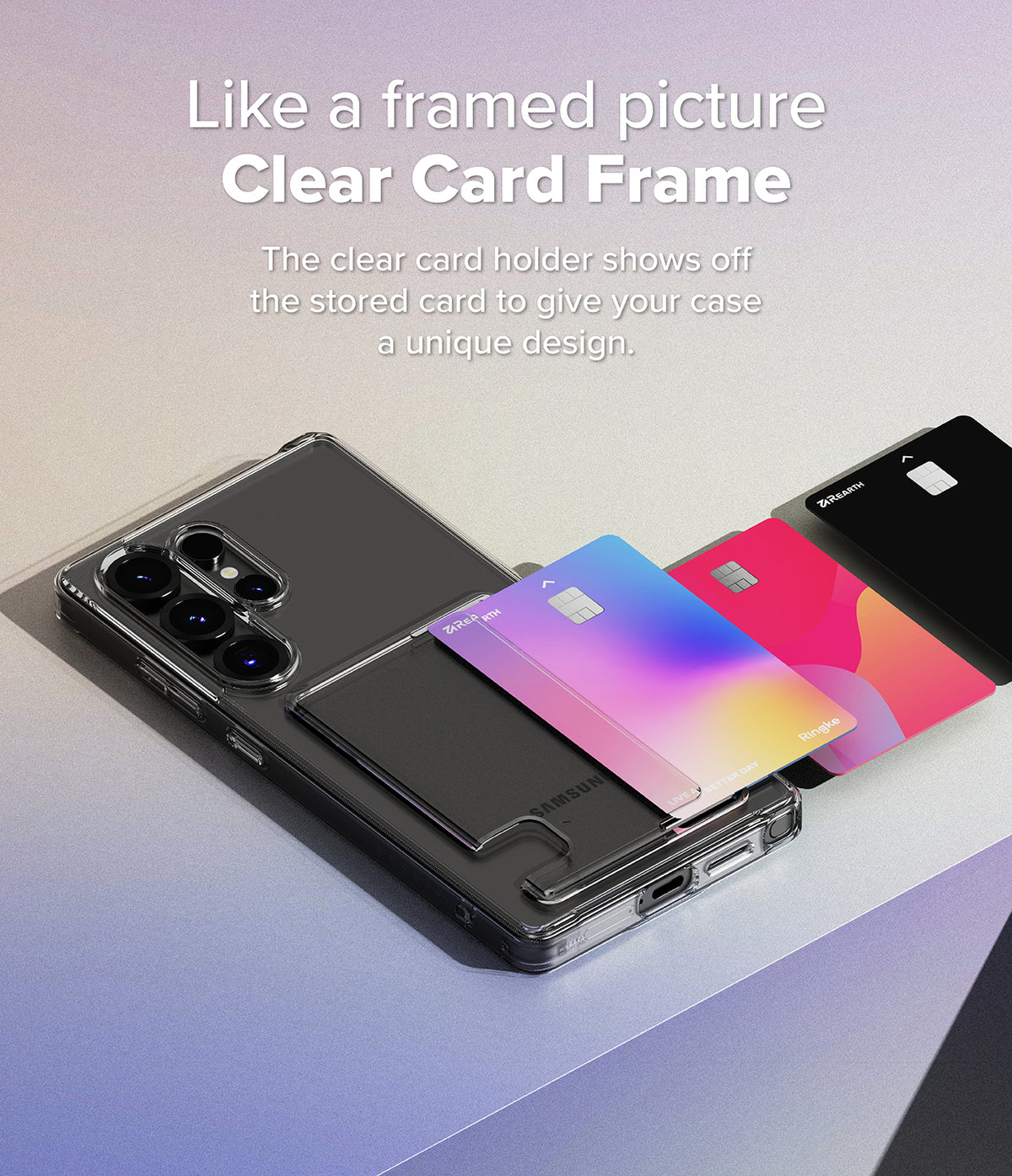 Galaxy S25 Ultra Case | Fusion Card - Clear phone case with a card slot holding a colorful card, with extra cards nearby.
