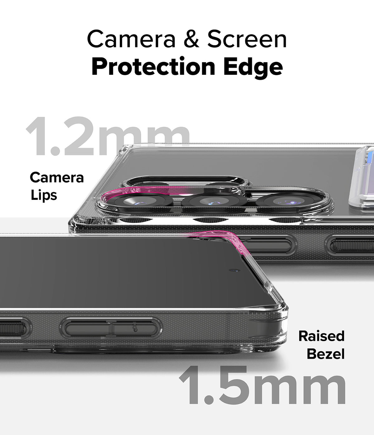 Galaxy S25 Ultra Case | Fusion Card - Close-up of phone case showing 1.2mm camera lips and 1.5mm raised screen bezel protection.