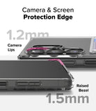 Galaxy S25 Ultra Case | Fusion Card - Close-up of phone case showing 1.2mm camera lips and 1.5mm raised screen bezel protection.