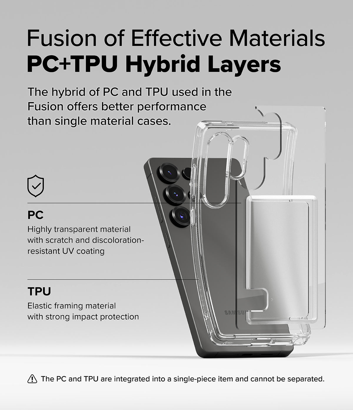 Galaxy S25 Ultra Case | Fusion Card - Exploded view of a clear hybrid PC and TPU phone case over a Galaxy S25 Ultra.