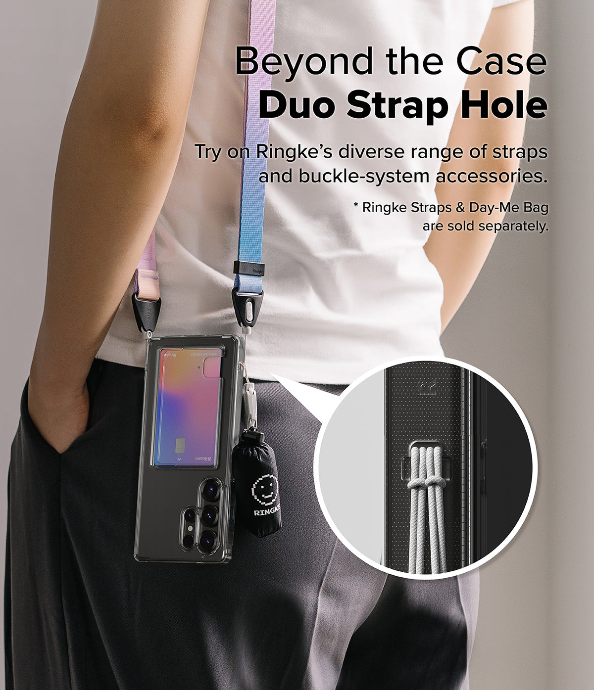 Galaxy S25 Ultra Case | Fusion Card - Phone case with dual strap holes, colorful lanyard, and card holder worn by a person.
