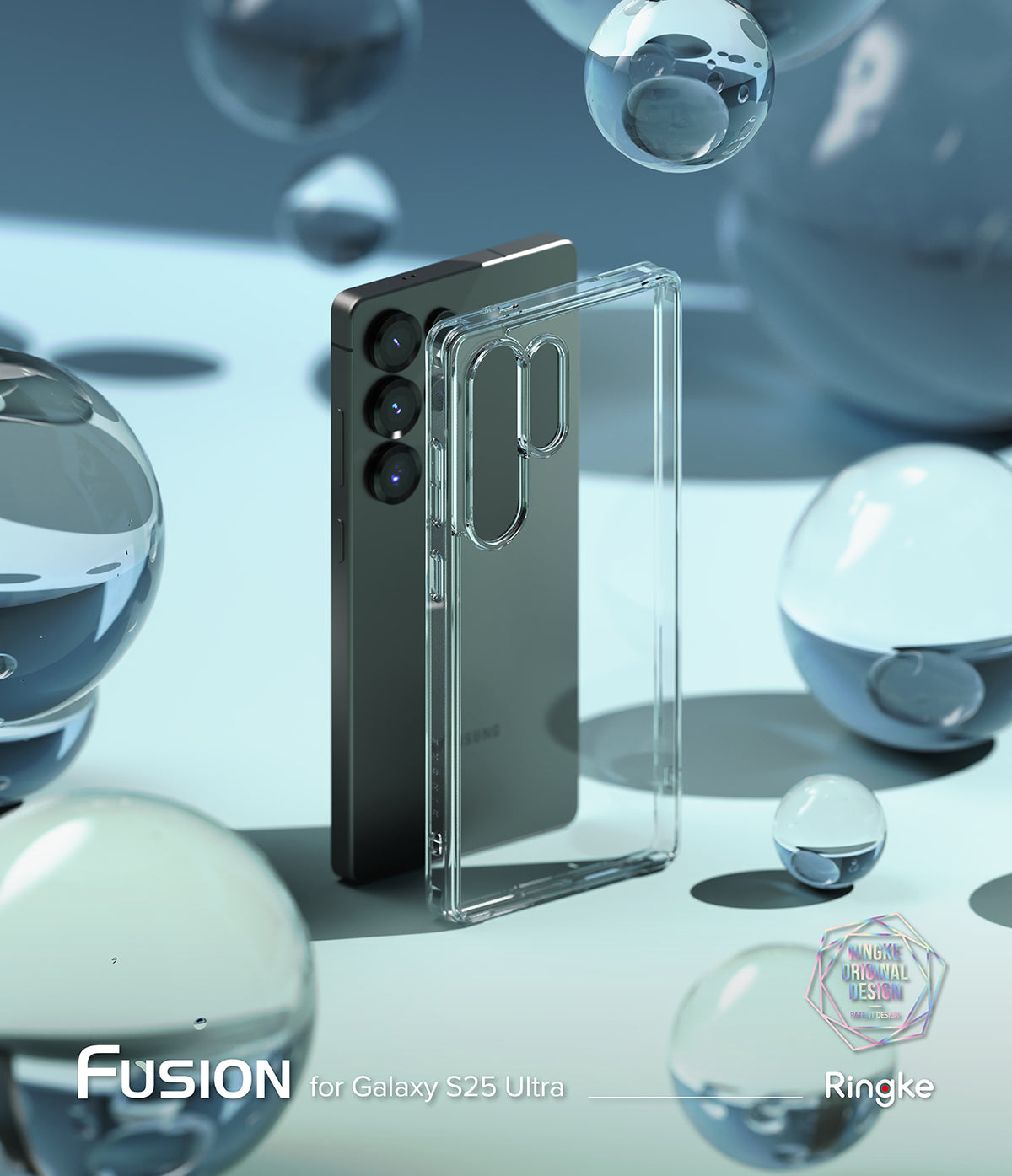 Galaxy S25 Ultra Case | Fusion - Clear phone case standing next to a dark Galaxy S25 Ultra amid floating water orbs.