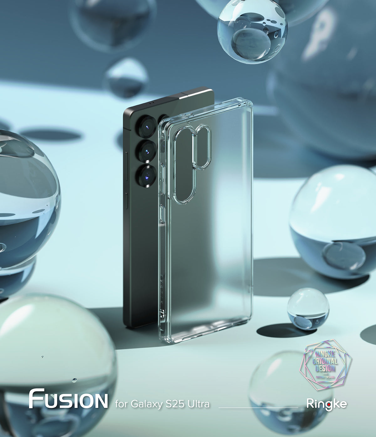Galaxy S25 Ultra Case | Fusion Matte - A matte clear phone case standing next to a dark smartphone amidst floating water orbs.