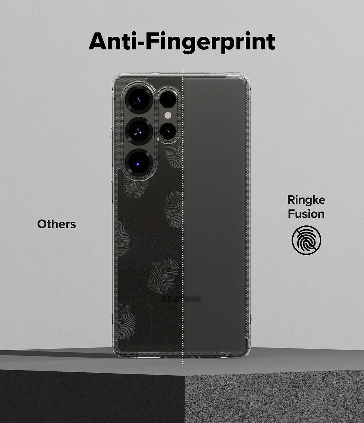 Galaxy S25 Ultra Case | Fusion Matte - Split screen comparing a fingerprint-smudged phone case to a clean Ringke Fusion case.