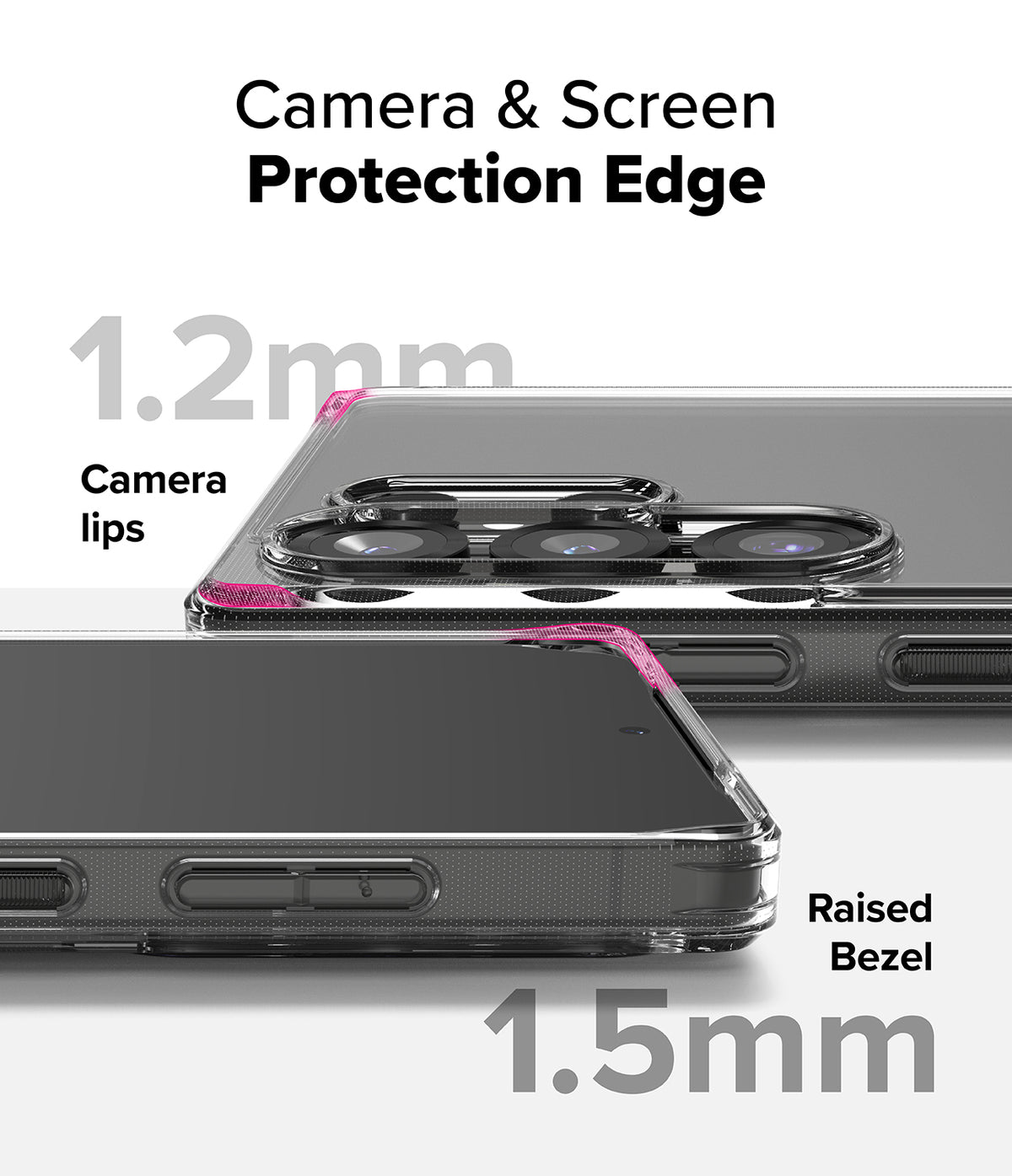 Galaxy S25 Ultra Case | Fusion Matte - Close-up showing 1.2mm camera lips and 1.5mm raised screen bezel for protection.
