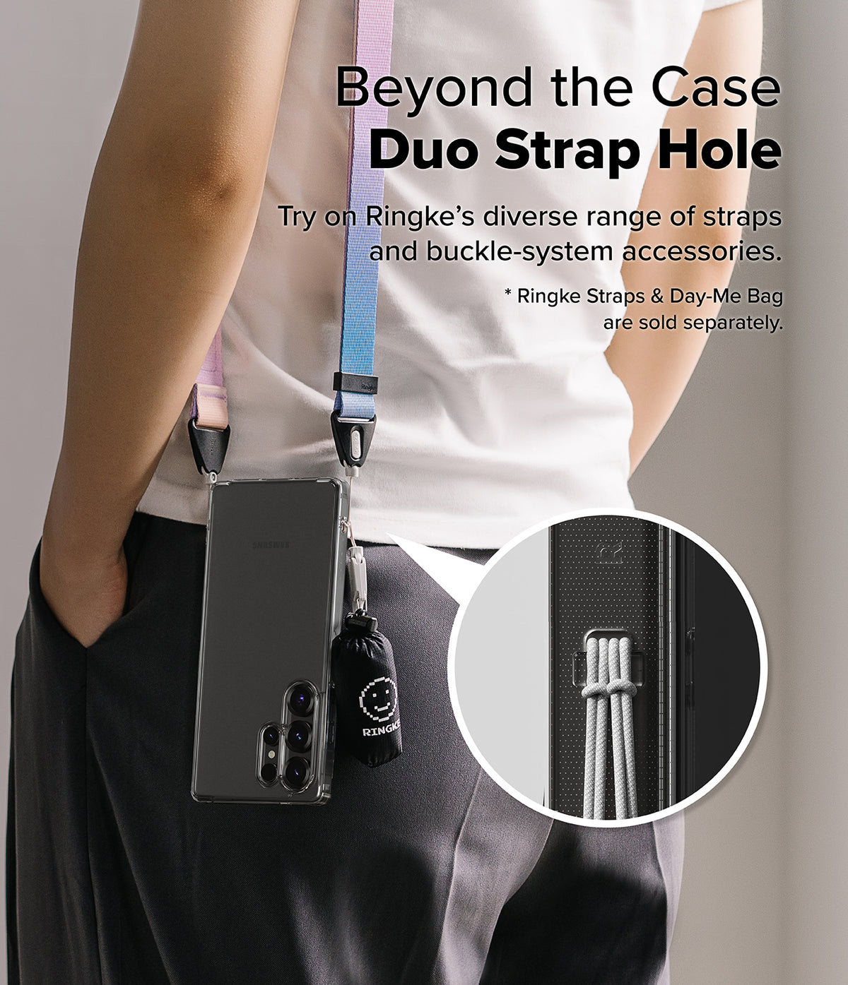 Galaxy S25 Ultra Case | Fusion Matte - Person wearing a phone case with a colorful strap and small bag attached via duo strap holes.