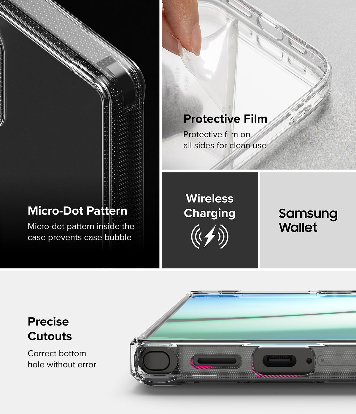 Galaxy S25 Ultra Case | Fusion Matte - Features showing micro-dot pattern, protective film, wireless charging, and precise cutouts.