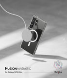 Galaxy S25 Ultra Case | Fusion Magnetic - Clear phone case with magnetic ring attached to a wireless charger.