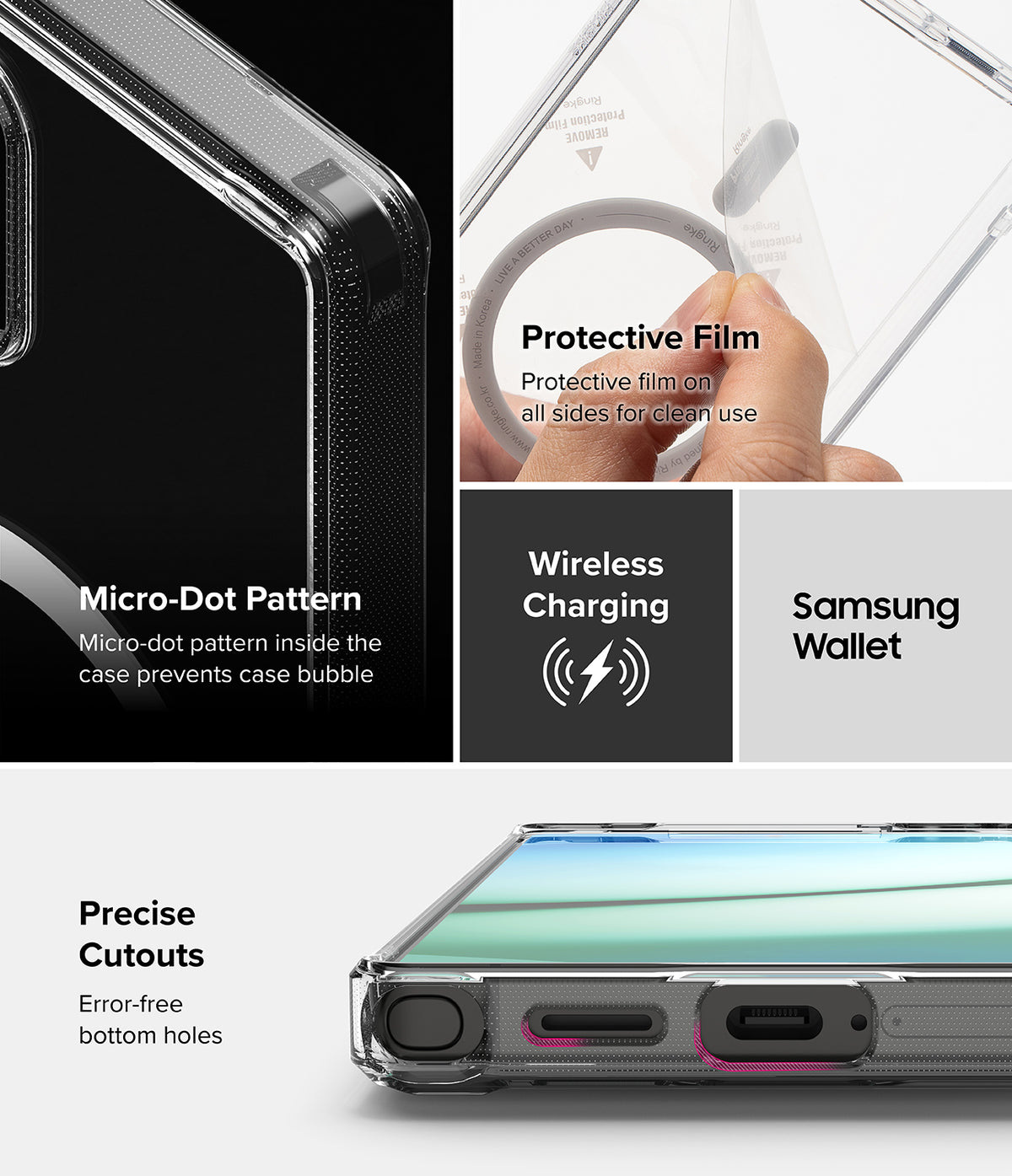 [Combo] Galaxy S25 Ultra Case | Folio Grip Wallet Magnetic + Fusion Magnetic - Clear case features, protective film, micro-dot pattern, wireless charging, and precise cutouts.