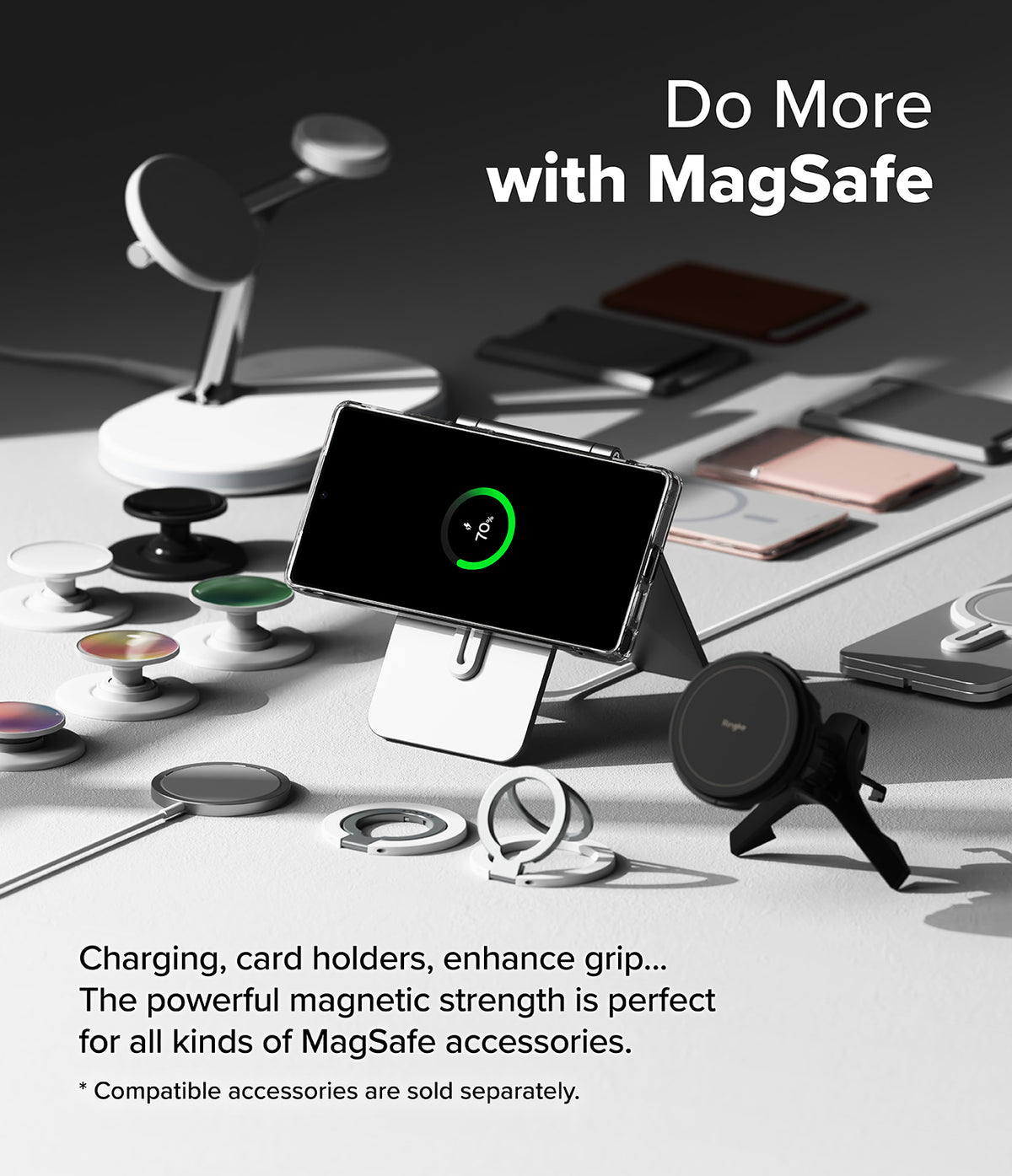 [Combo] Galaxy S25 Ultra Case | Folio Grip Wallet Magnetic + Fusion Magnetic - Phone charging on a magnetic stand surrounded by various MagSafe accessories and card holders.