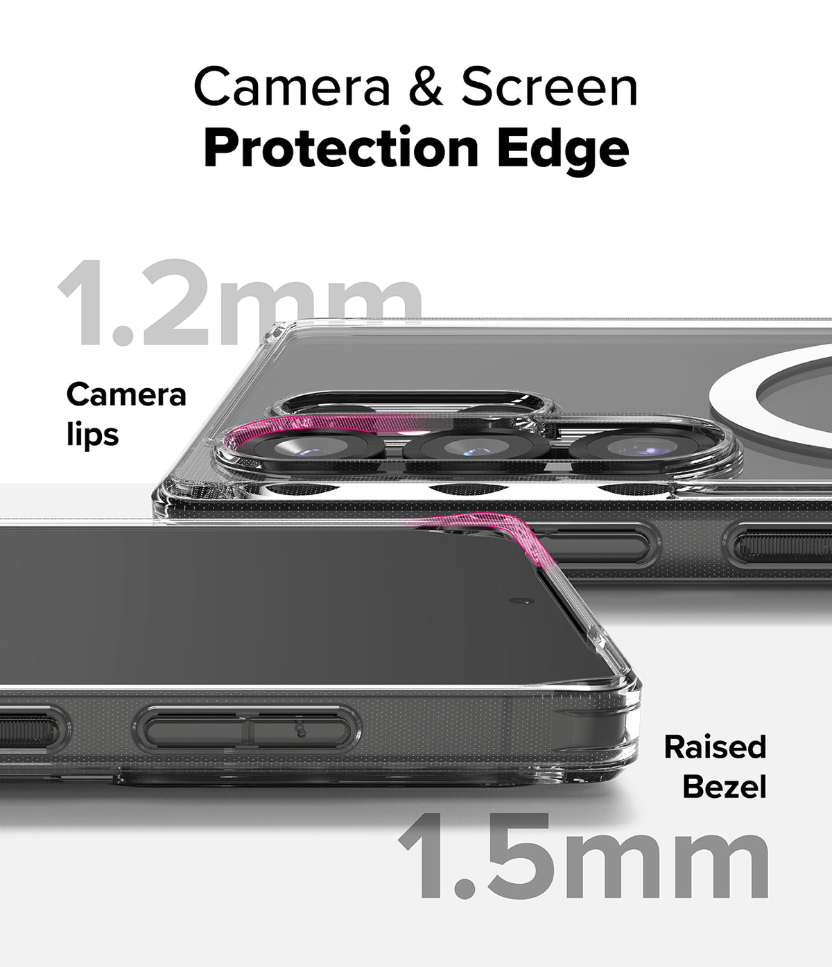 [Combo] Galaxy S25 Ultra Case | Folio Grip Wallet Magnetic + Fusion Magnetic - Close-up of phone case showing 1.2mm camera lips and 1.5mm raised screen bezel for protection.