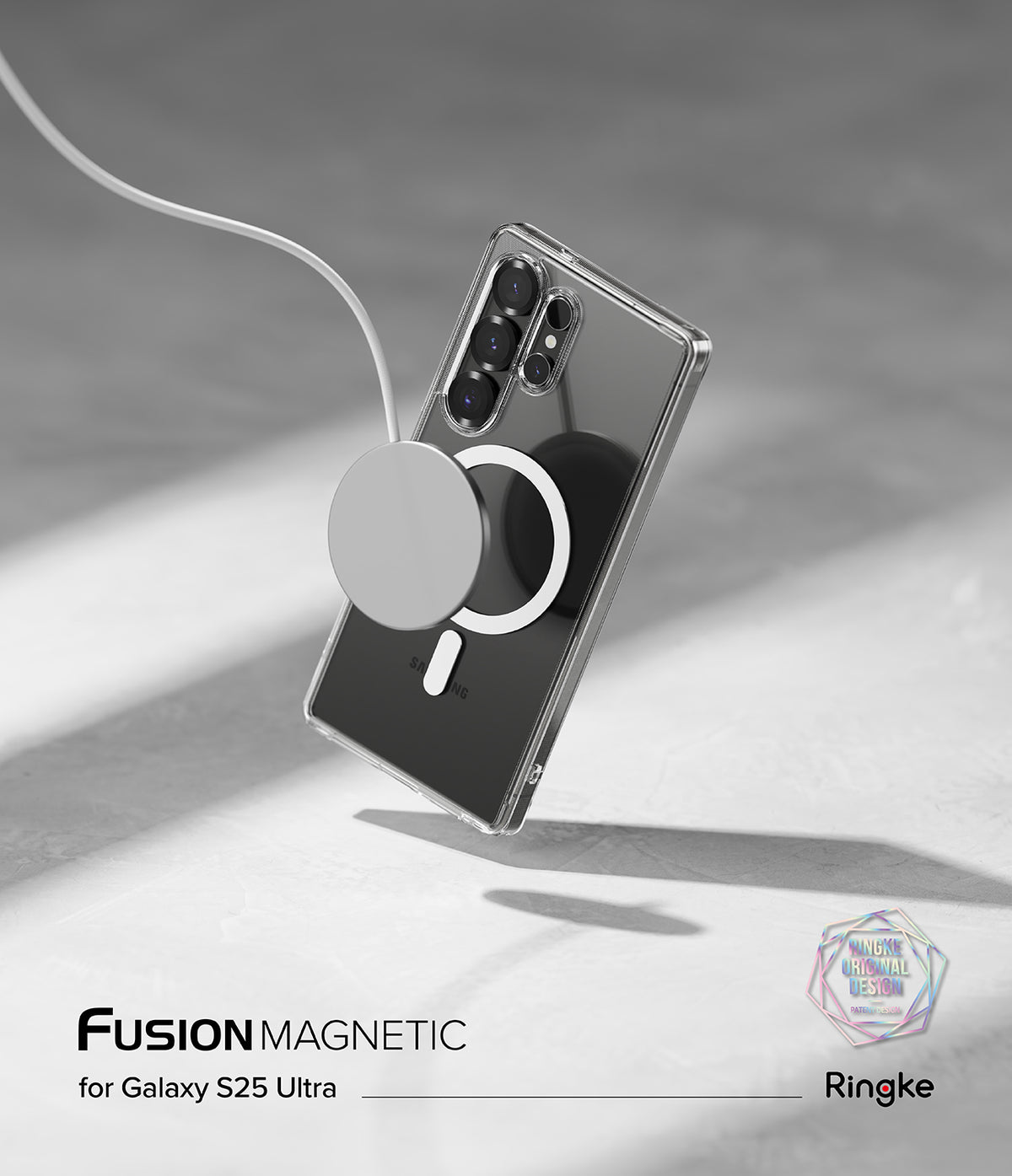 [Bundle] Galaxy S25 Ultra | Fusion Magnetic - Galaxy S25 Ultra | Fusion Magnetic - Clear phone case on a Galaxy S25 Ultra with a magnetic wireless charger attached.