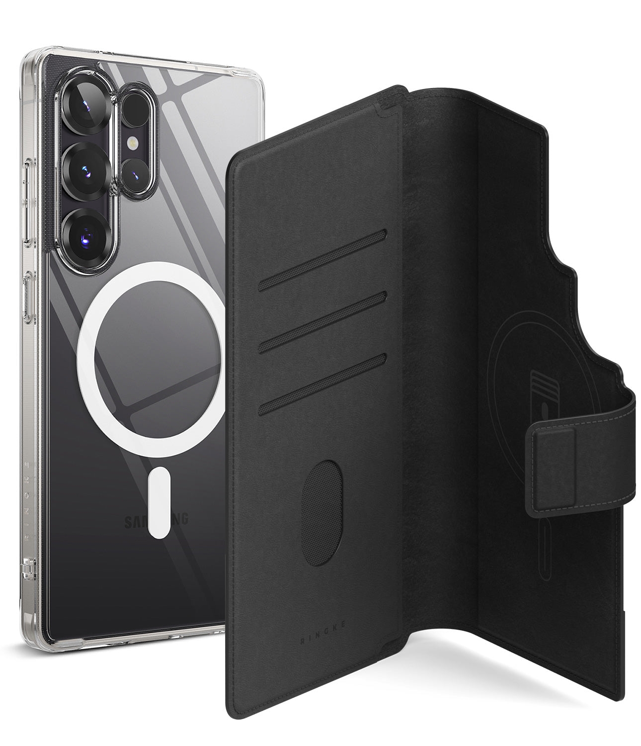 [Combo] Galaxy S25 Ultra Case | Folio Grip Wallet Magnetic + Fusion Magnetic - Clear magnetic phone case and black folio.