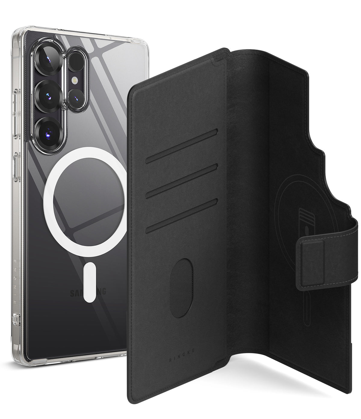 [Combo] Galaxy S25 Ultra Case | Folio Grip Wallet Magnetic + Fusion Magnetic - Clear magnetic phone case and black folio.