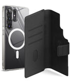 [Combo] Galaxy S25 Ultra Case | Folio Grip Wallet Magnetic + Fusion Magnetic - Clear magnetic phone case and black folio.