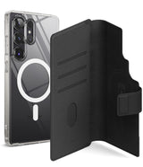 [Combo] Galaxy S25 Ultra Case | Folio Grip Wallet Magnetic + Fusion Magnetic - Clear magnetic phone case and black folio.