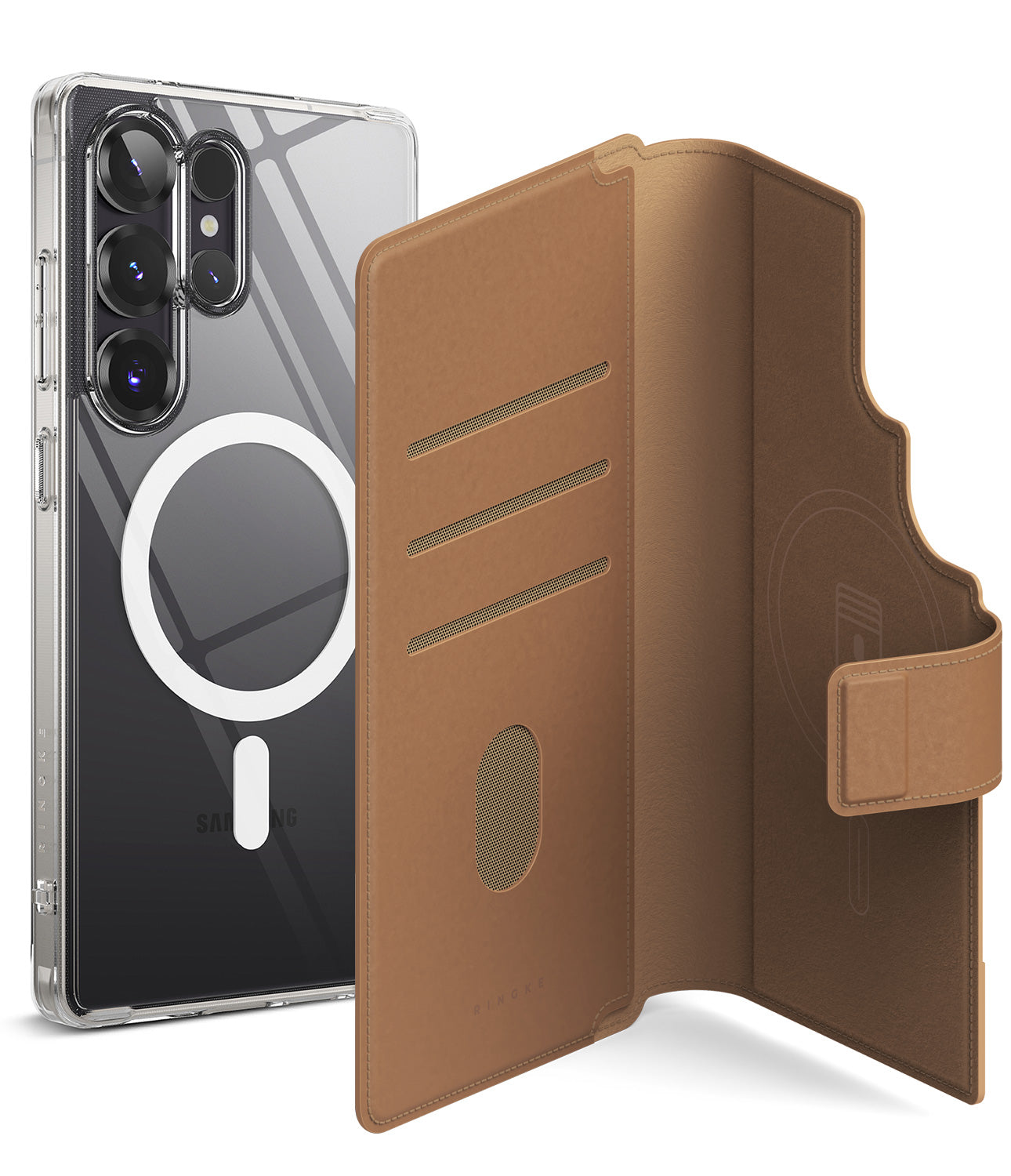 [Combo] Galaxy S25 Ultra Case | Folio Grip Wallet Magnetic + Fusion Magnetic - Clear magnetic case and brown folio wallet.