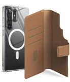 [Combo] Galaxy S25 Ultra Case | Folio Grip Wallet Magnetic + Fusion Magnetic - Clear magnetic case and brown folio wallet.