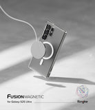 Galaxy S25 Ultra Case | Fusion Magnetic Matte - A matte clear phone case with a magnetic ring charging on a grey surface.
