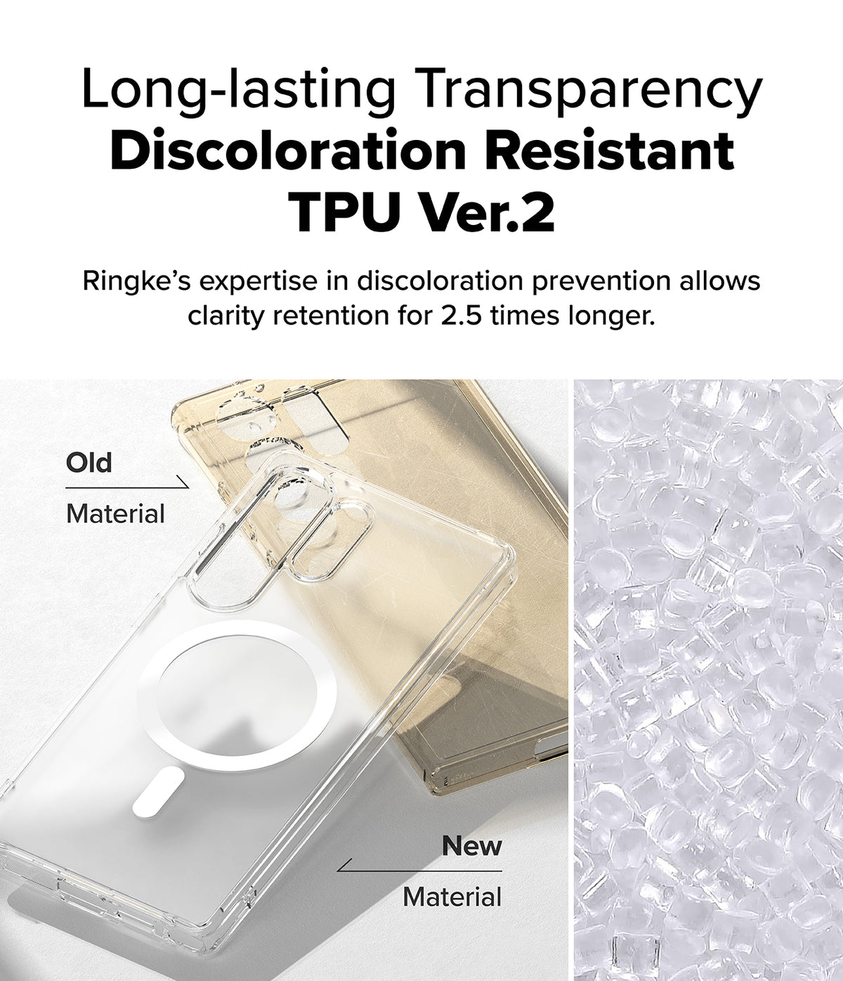 Galaxy S25 Ultra Case | Fusion Magnetic Matte - Comparison of yellowed old TPU versus clear new TPU material.
