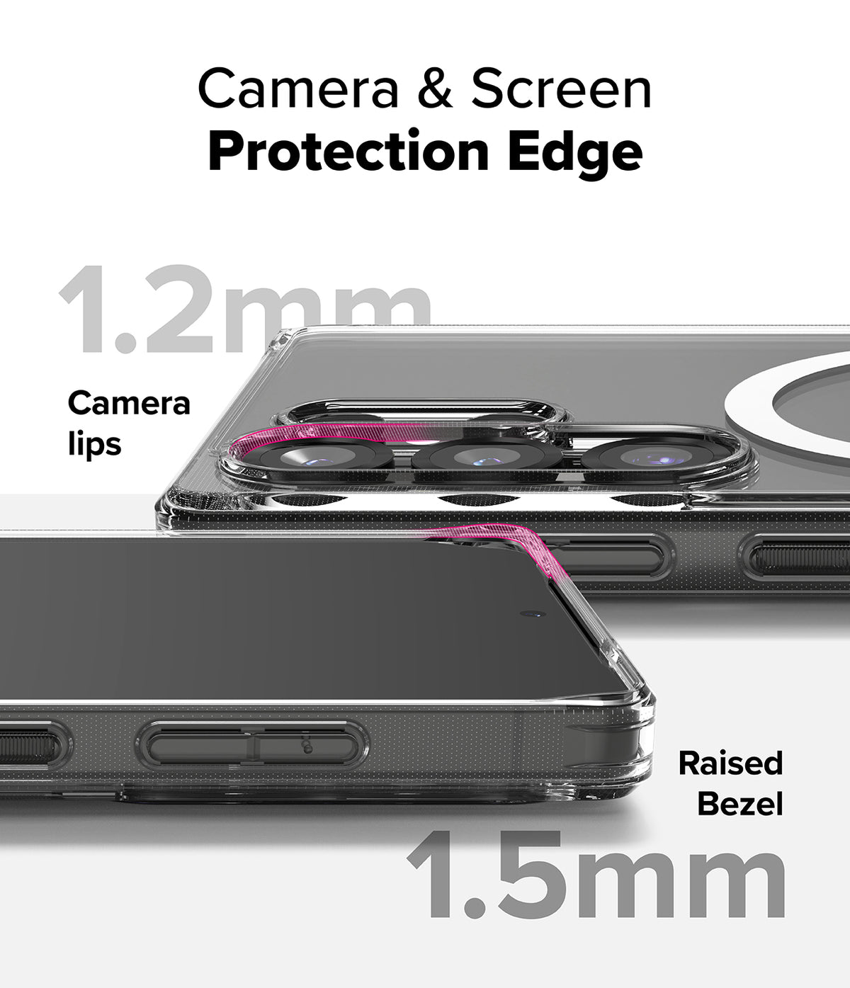 Galaxy S25 Ultra Case | Fusion Magnetic Matte - Close-up showing 1.2mm camera lips and 1.5mm raised screen bezels.
