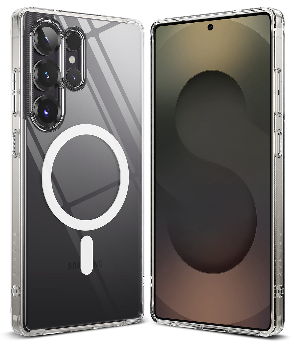 Galaxy S25 Ultra Case | Fusion Magnetic - Clear protective case with white magnetic ring on back, shown front and back.