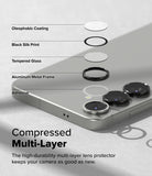 Galaxy S25 | Camera Lens Frame Glass - Exploded view of multi-layer lens protector components above a smartphone camera.
