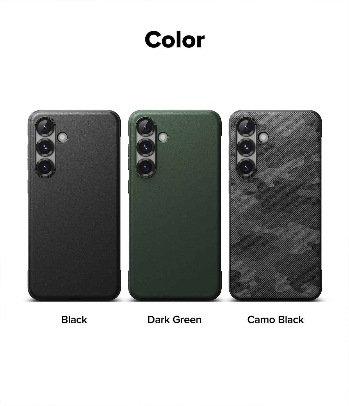 Galaxy S25 Case | Onyx - Three Galaxy S25 phone cases in black, dark green, and camo black arranged side-by-side.