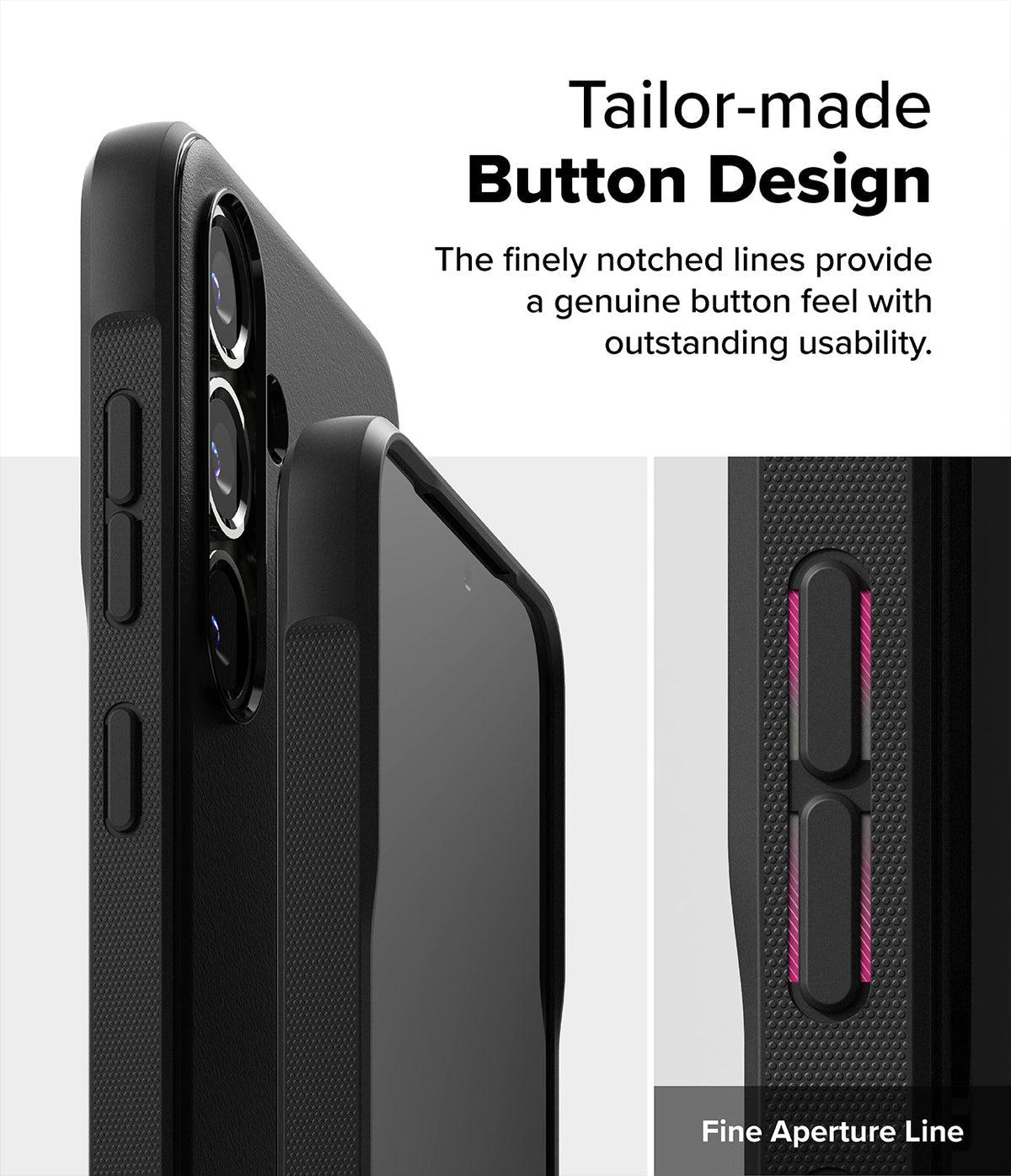 Galaxy S25 Case | Onyx - Close-up of black phone case buttons with textured sides and highlighted fine aperture lines.