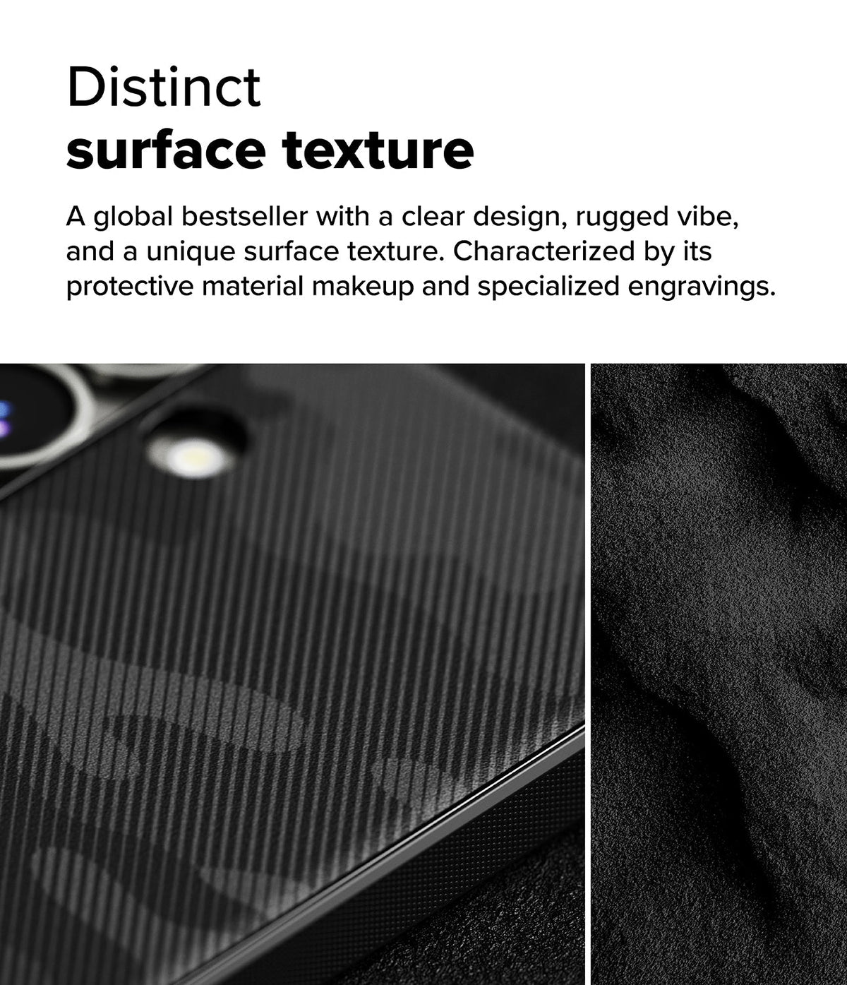Galaxy S25 Case | Onyx - Close-up of a black phone case with a textured, rugged camouflage pattern and matte finish.