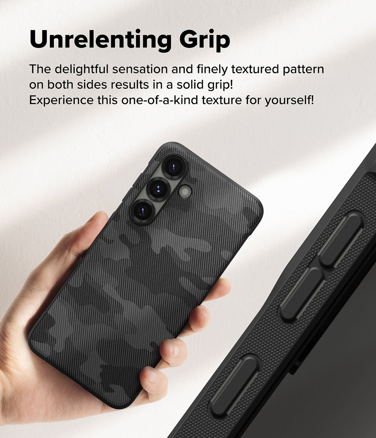 Galaxy S25 Case | Onyx - Hand holding a black camo-patterned phone case with textured sides for improved grip.