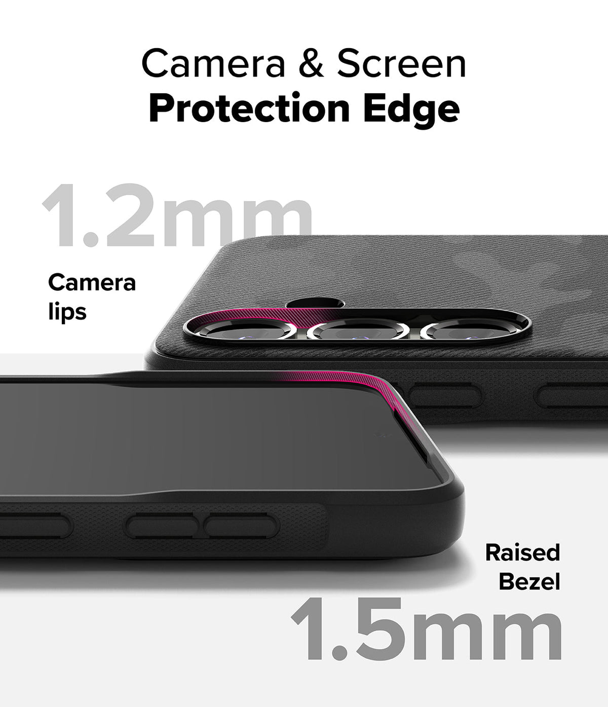 Galaxy S25 Case | Onyx - Close-up showing 1.2mm camera lips and 1.5mm raised screen bezel for device protection.