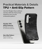 Galaxy S25 Case | Onyx - A flexible black camo TPU phone case being bent to show durability against a silver smartphone.
