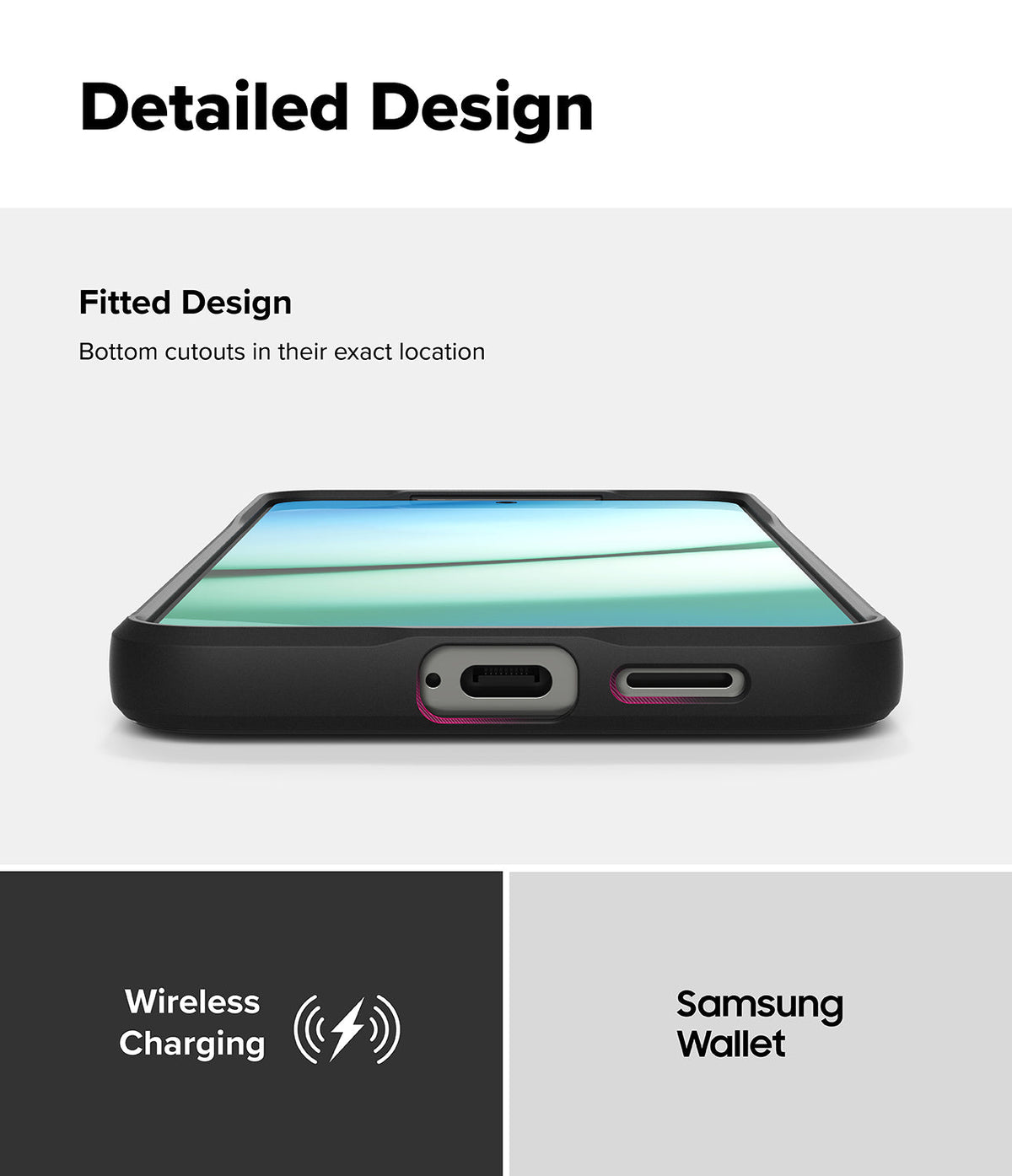 Galaxy S25 Case | Onyx - Bottom view of a black phone case showing precise cutouts for the charging port and speaker.