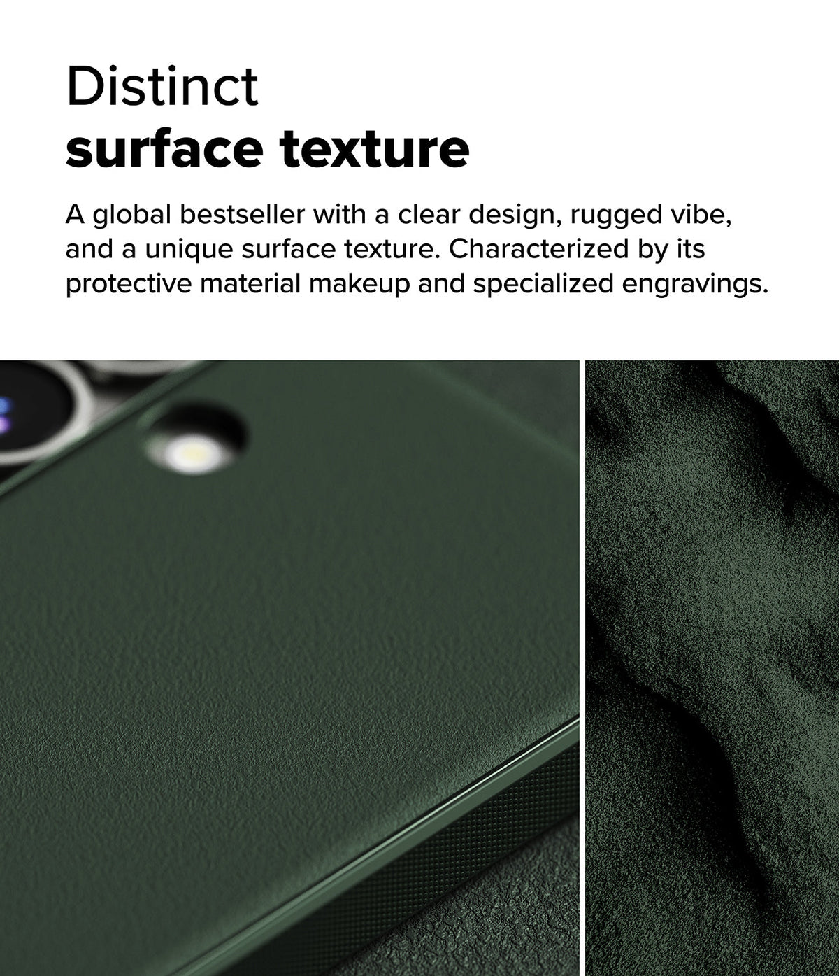 Galaxy S25 Case | Onyx - Close-up of a dark green phone case with a rugged, textured surface and specialized engravings.