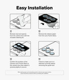 Galaxy S25 Plus | Camera Lens Frame Glass - Galaxy S25 Plus | Four-step illustrated guide for installing a camera lens frame glass protector on a smartphone.