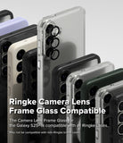 Galaxy S25 Plus | Camera Lens Frame Glass - Galaxy S25 Plus | Multiple Galaxy S25+ phones in various Ringke cases showing black camera lens frame glass protectors.