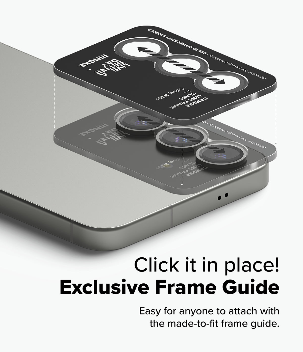 [Bundle] Galaxy S25 | Fusion Magnetic - A frame guide aligns and installs tempered glass lens protectors onto a smartphone.