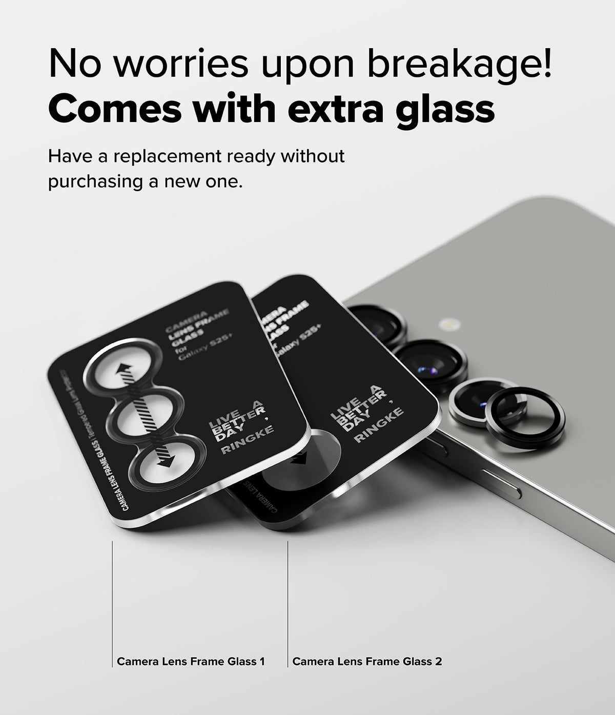 [Bundle] Galaxy S25 | Fusion Magnetic - Two black camera lens protector sets displayed next to a smartphone with installed lenses.