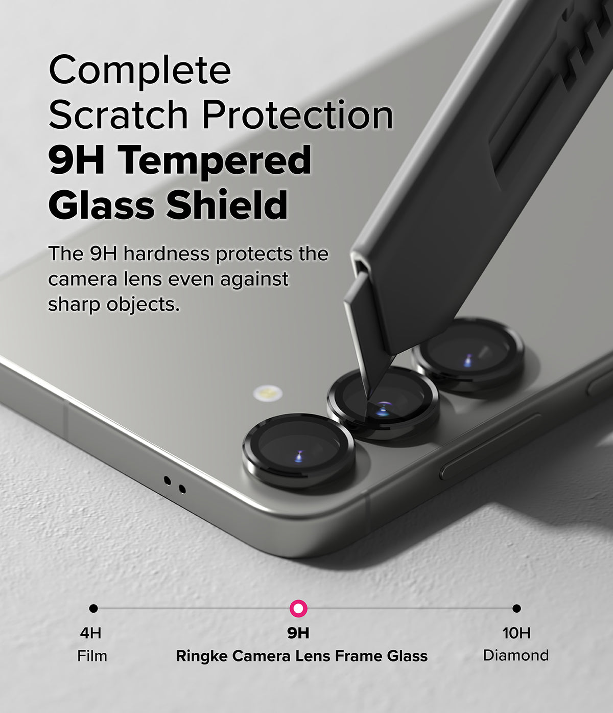 [Bundle] Galaxy S25 Plus | Silicone Magnetic - A utility knife blade touches a Galaxy S25 camera lens protected by 9H glass.