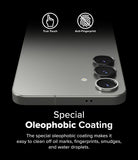 Galaxy S25 Plus | Camera Lens Frame Glass - Galaxy S25 Plus | Camera lens glass with oleophobic coating, True Touch, and Anti-Fingerprint icons on a gray smartphone.
