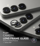 [Bundle] Galaxy S25 Plus | Onyx Magnetic - Black camera lens frame glass protectors being applied to a silver Galaxy S25+