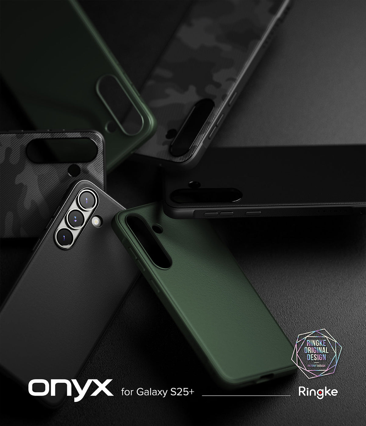 Galaxy S25 Plus Case | Onyx - Multiple Galaxy S25+ phone cases in black, green, and camo patterns arranged on a dark surface.