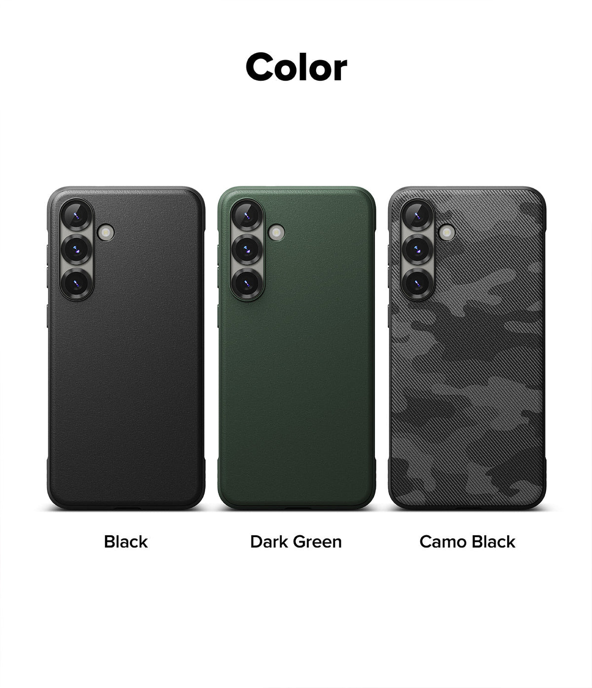 Galaxy S25 Plus Case | Onyx - Three Galaxy S25 Plus cases in black, dark green, and camo black arranged side-by-side.