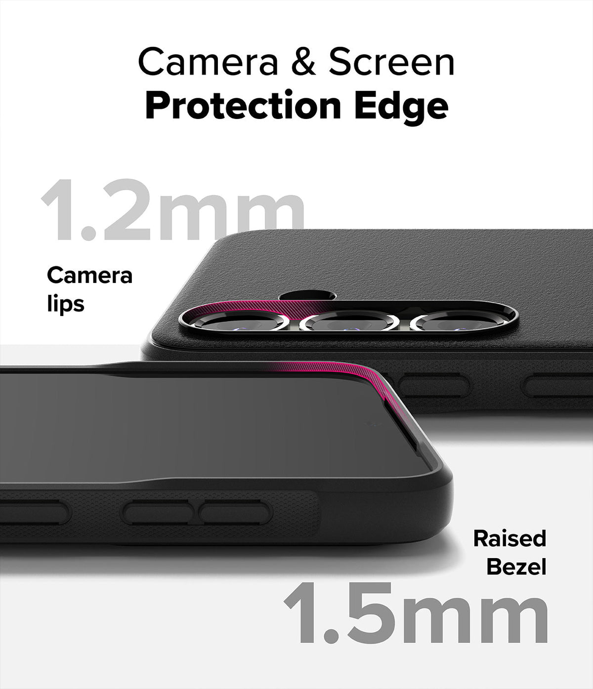 Galaxy S25 Plus Case | Onyx - Close-up showing 1.2mm camera lips and 1.5mm raised screen bezel for device protection.