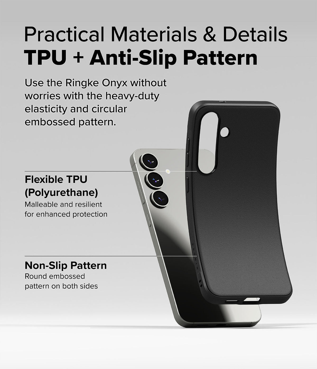 Galaxy S25 Plus Case | Onyx - A flexible black TPU phone case shown next to a smartphone, highlighting its anti-slip texture.