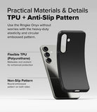Galaxy S25 Plus Case | Onyx - A flexible black TPU phone case shown next to a smartphone, highlighting its anti-slip texture.