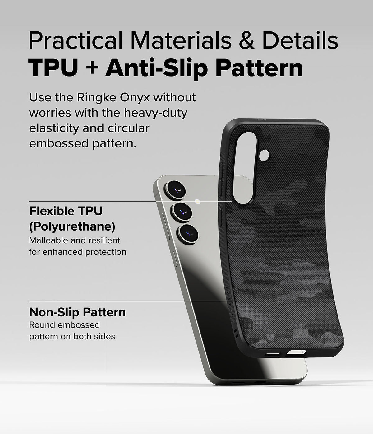 Galaxy S25 Plus Case | Onyx - A flexible black camo TPU phone case being bent, highlighting its durable material and grip.