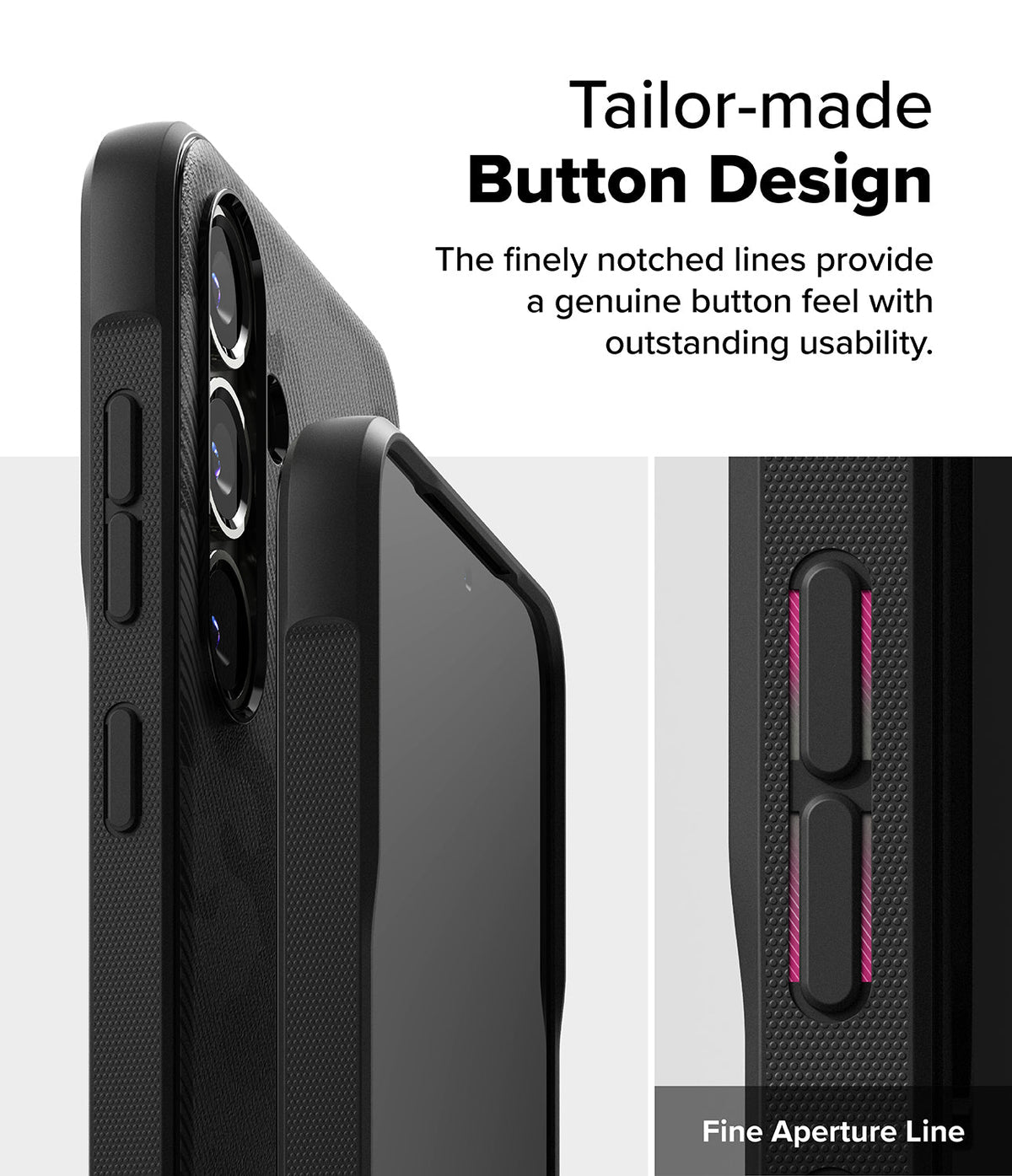 Galaxy S25 Plus Case | Onyx - Close-up of phone case buttons with textured sides and highlighted fine aperture lines.